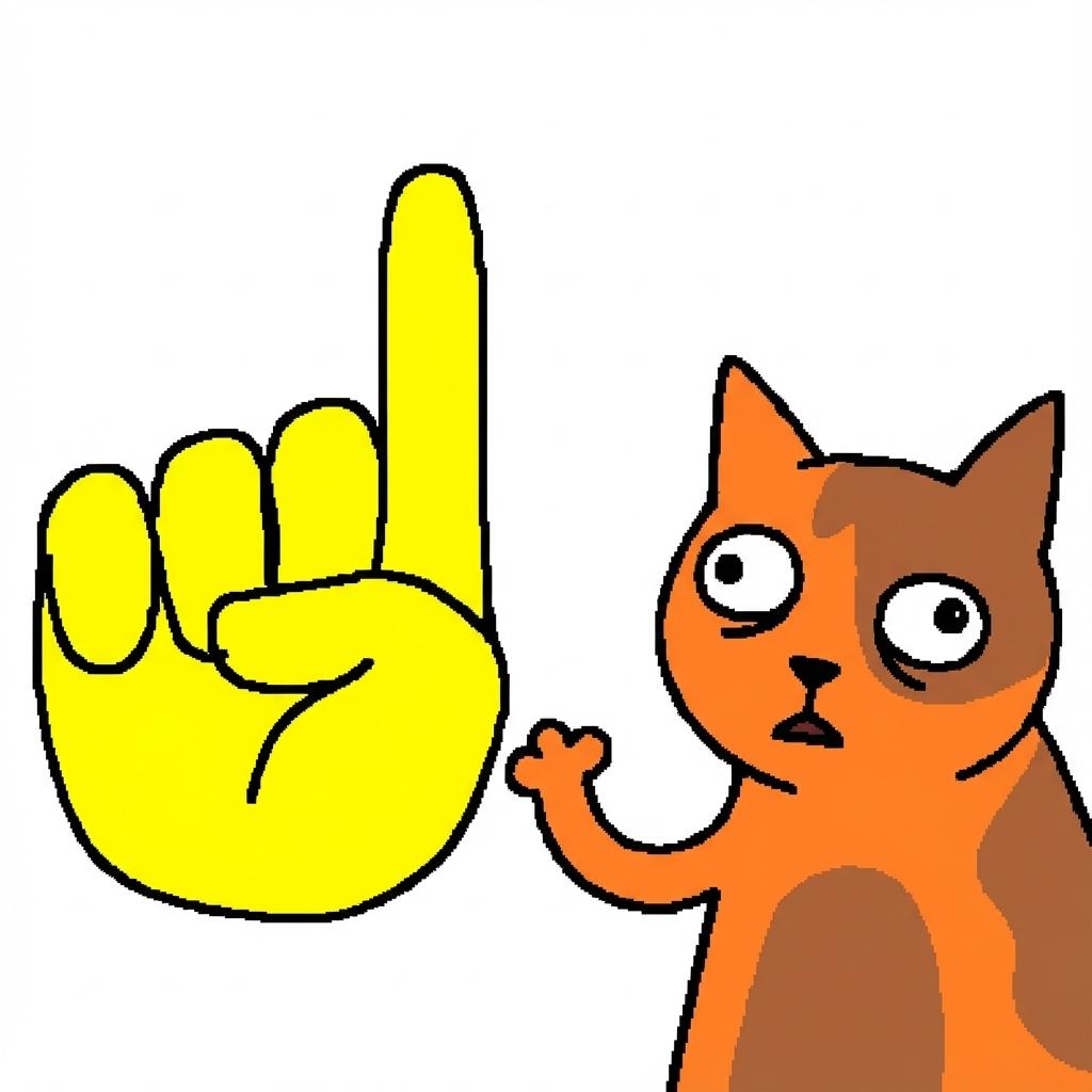 Orange cat with large yellow pointing hand