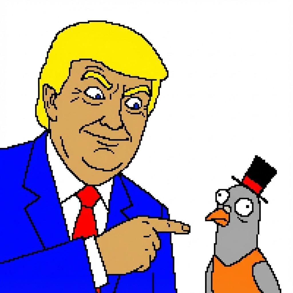 Person in blue suit with bird character
